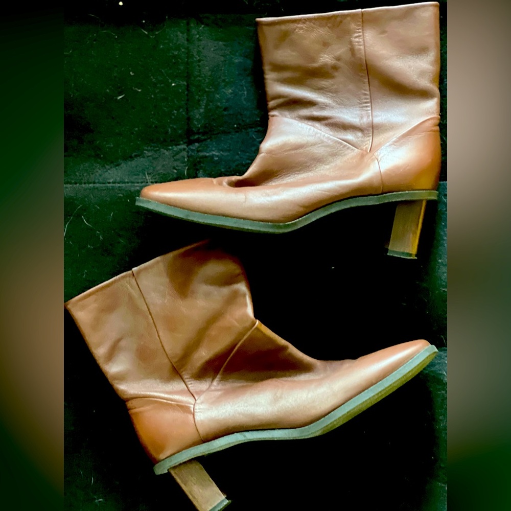COS Brown Leather Boots with Inset Wooden Heel | Size 39